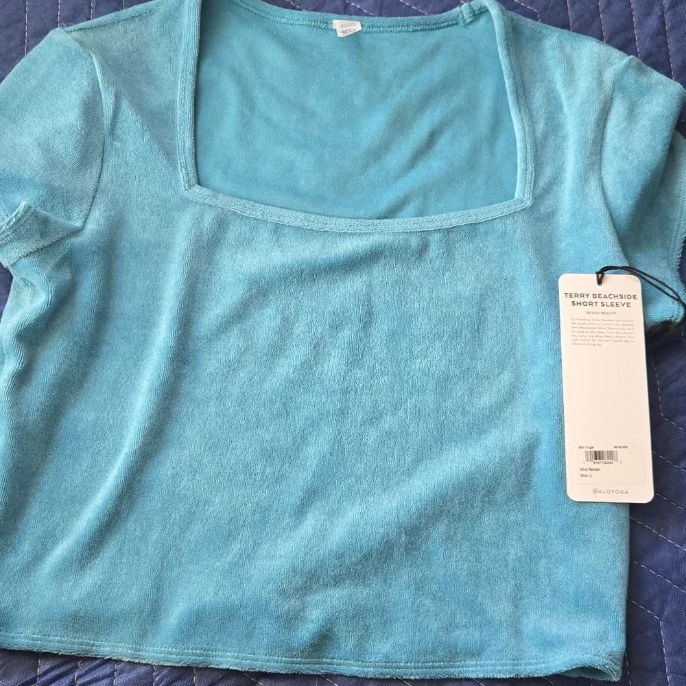 NWT ALO Yoga Terry Beachside Short Sleeve Crop Top Blue Splash size L
